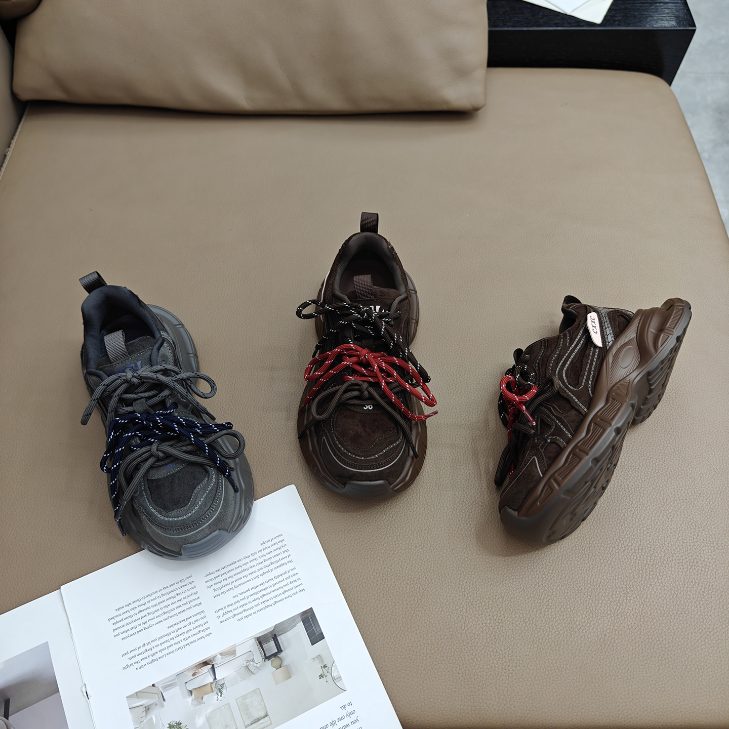 流双带复古增高休闲鞋真皮老爹鞋