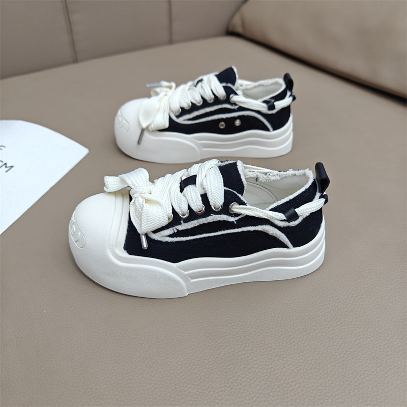 开口笑大头鞋面包女鞋2025新款厚底休闲帆布鞋系带百搭小香风板鞋