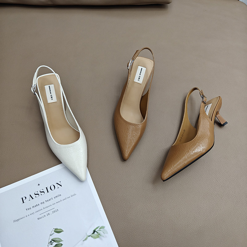 米色尖头简约后空高跟单鞋女2025年新款夏季细跟气质绝美包头凉鞋