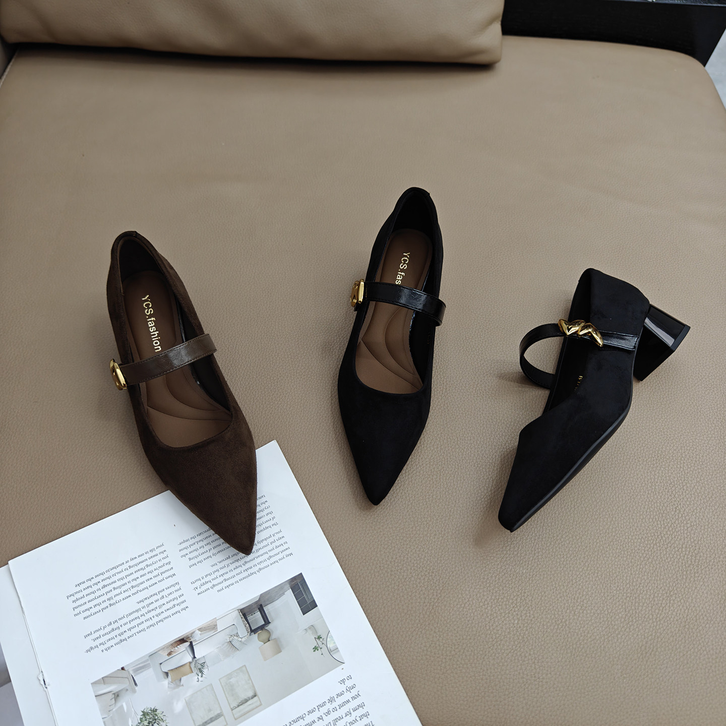 心形金属扣玛丽珍鞋女高跟尖头鞋2025新款气质粗跟黑色魔术贴单鞋