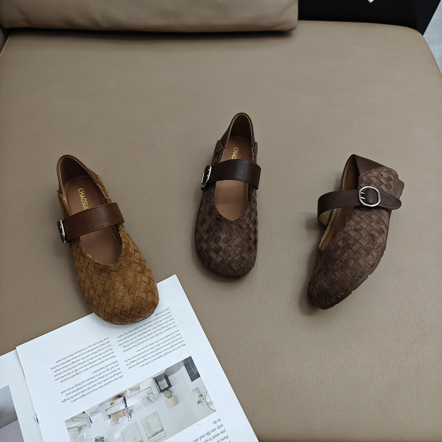 绒面玛丽珍编织鞋女2025新款韩版复古圆头平底一字带时尚软底单鞋