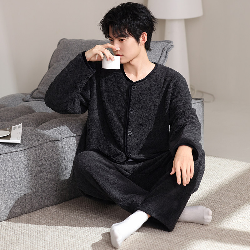 青少年睡衣男士冬季珊瑚半边绒加厚加绒秋冬款法兰绒可外穿家居服