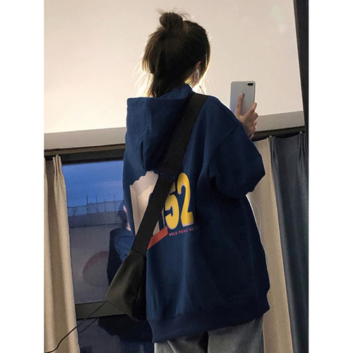藏蓝卫衣加绒上衣美式