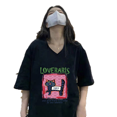 短袖港味高级感V领小众纯棉T恤