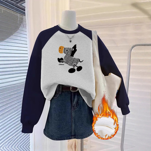 卫衣女冬加绒加厚胖mm大码插肩显瘦设计感外套ins潮宽松圆领上衣