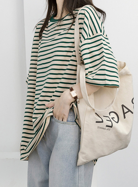 速发over上复zei古条纹t恤夏韩版宽松慵懒风ch百搭s衣