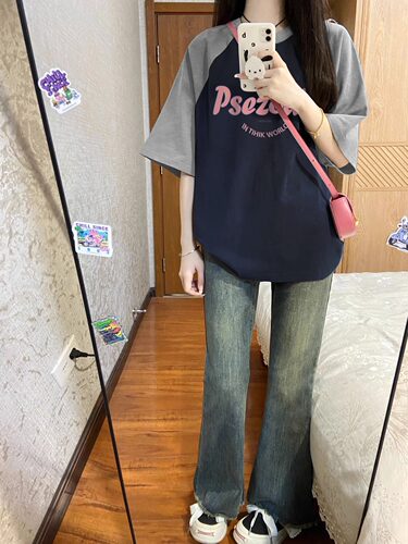 短袖港味复古插肩袖T恤女