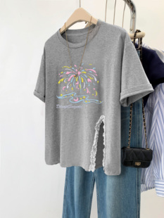 女胖mm慵懒风下摆开叉T恤in宽松圆领上衣夏 大码 美式 复古chic短袖