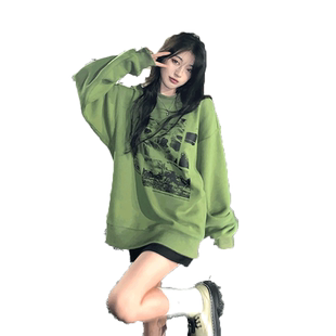国潮风绿色设计感小众轻熟加绒卫衣女秋冬美式vibe宽松ins上衣服