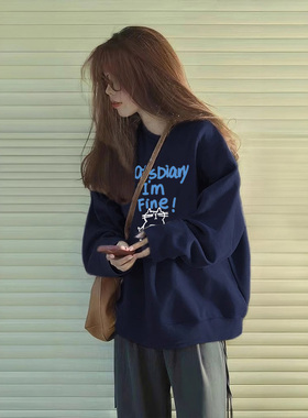 美式复古chic蓝色正肩卫衣女大码宽松情侣装上衣ins秋冬加绒外套