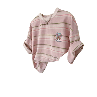 粉色条纹T恤女oversize大码夏季小众设计感ins潮卡通刺绣短袖上衣