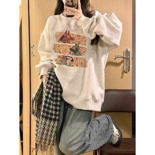 长袖 宽松春秋薄款 ins潮套头上衣 复古chic大码 圆领印花卫衣女美式