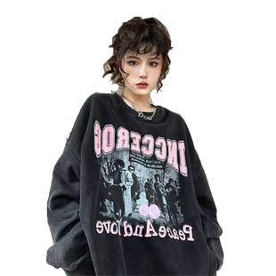 ulzzang外套美式复古大码薄款无帽卫衣女潮ins早秋设计感高街上衣