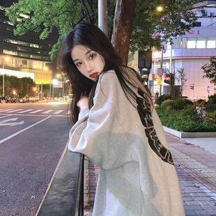 复古卫衣宽松bf慵懒风女圆领无帽oversize灰色上衣春秋薄款 情侣装