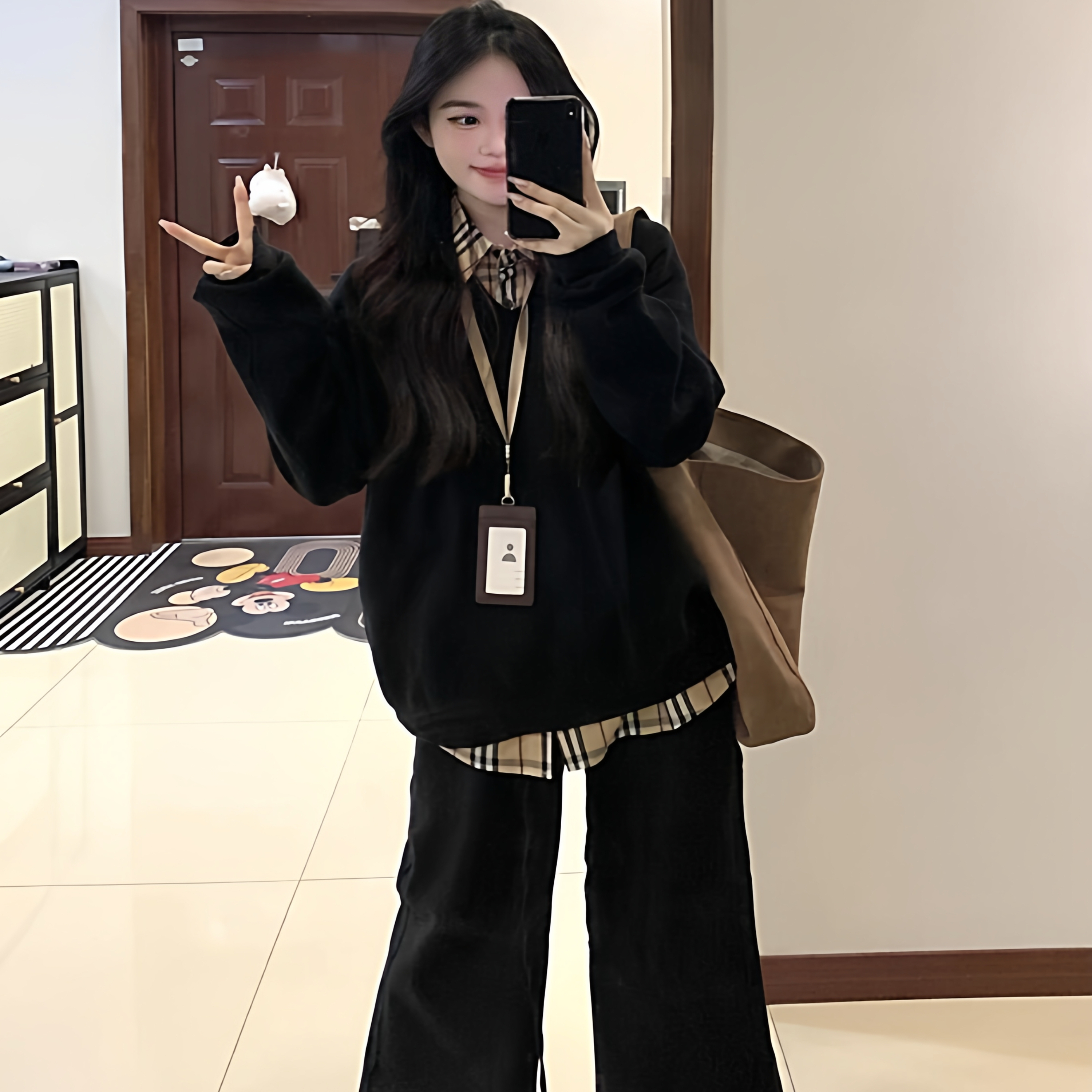 甜美复古气质拼接假两件格子卫衣