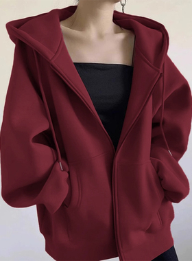 连帽开衫卫衣女2023秋冬加绒大码宽松拉链上衣ins潮牌酒红色外套