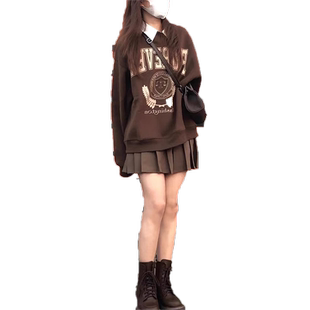 韩系chic大码薄款学院风咖色无帽卫衣女ins潮牌百搭小众外套上衣