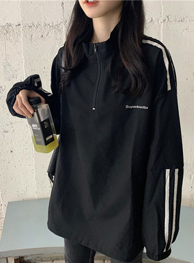 ulzzang卫衣女宽松韩版bf慵懒风圆领条纹春秋薄款超火cec外套港风