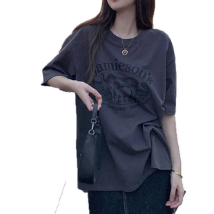 灰色t恤女大码bf风美式复古高级感短袖ins潮纯棉小众显瘦半袖上衣