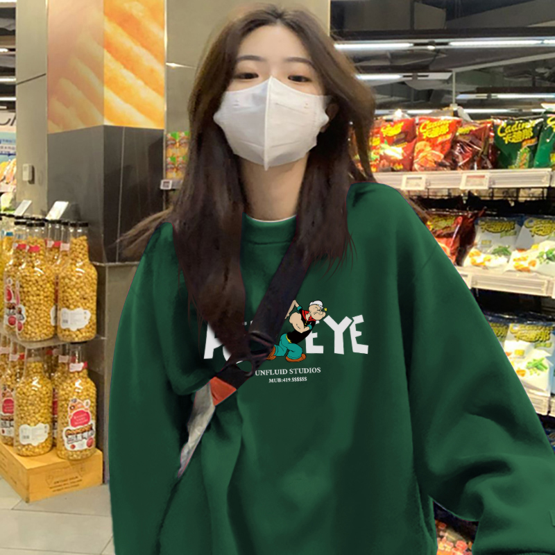 加绒圆领卫衣女秋冬大码oversize宽松情侣外套美式街头风绿色上衣