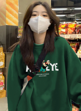 加绒圆领卫衣女秋冬大码oversize宽松情侣外套美式街头风绿色上衣