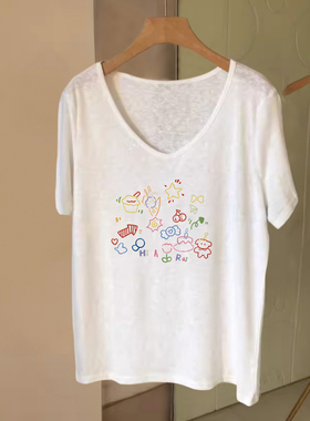 超火cec独特漂亮短袖t恤女v领正肩设计感大码胖mm白色上衣体恤衫