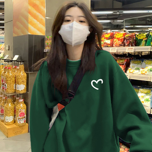 vintage古着无帽卫衣女绿色设计感小众ins潮加绒加厚冬季 上衣 大码