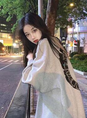 速发复古r衣宽松b风慵懒f圆领无帽ove卫size灰色上衣春秋薄款情侣