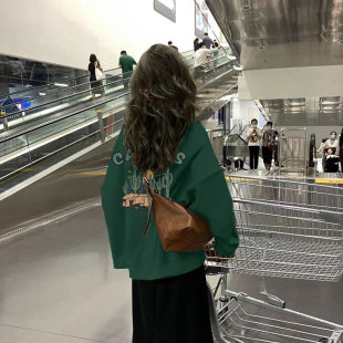 复古别致绿色上衣 加绒加厚ins潮大码 vintage美式 圆领卫衣女秋冬季