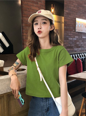 女装2020牛油果绿高腰短袖纯棉t恤韩版女士超火cec网红上衣潮短款