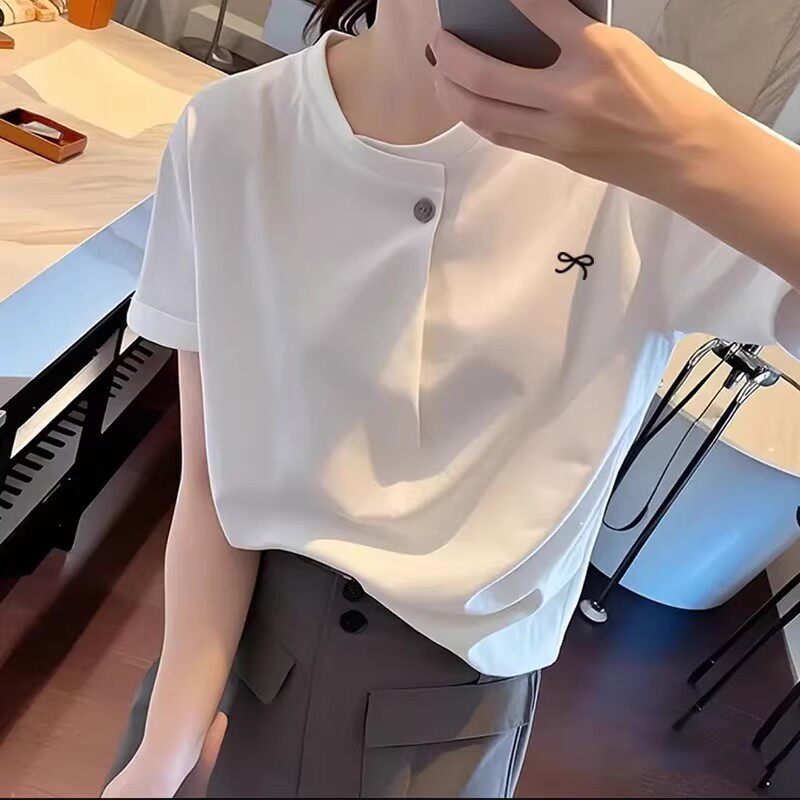 胖mm白色短袖T恤女夏纽扣减龄百搭打底酷辣chic上衣ins潮复古港味