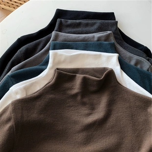 洋气白色加绒加厚长袖 双面德绒堆堆半高领发热打底衫 女内搭秋冬季