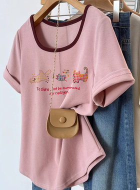 超火cec法式方领T恤女大码短款短袖ins潮正肩辣妹独特多巴胺上衣