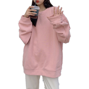 韩范ulzzang粉色卫衣女宽松大码ins潮慵懒风炸街加绒情侣早秋上衣