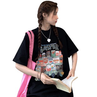 夏天国潮街头复古短袖T恤女ins潮chic港风大码胖mm黑色半袖上衣服