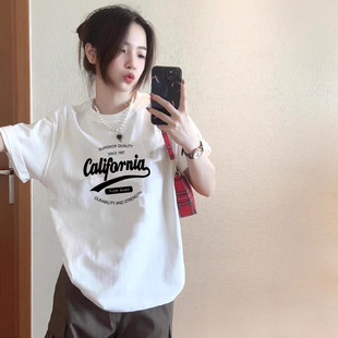 白色纯棉短袖 上衣体桖衫 国潮t恤女2026新款 宽松半袖 夏季 欧美大码