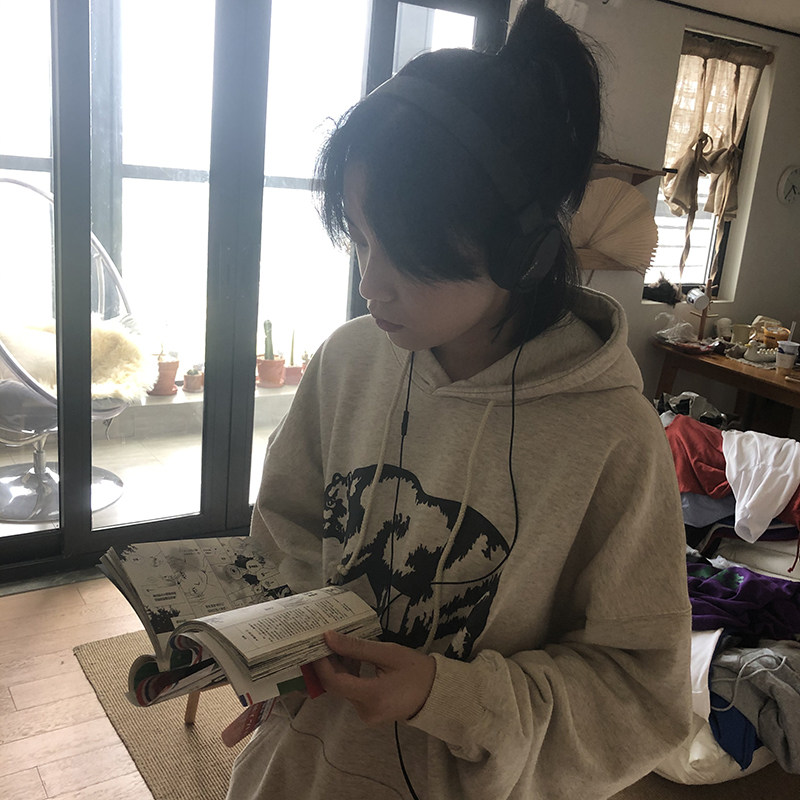 速发超火灰色春衣带秋薄款oversize嘻哈宽松卫帽外套洋气衫