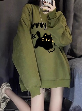 绿色卫衣女显白港风chic复古圆领加绒上衣冬ins潮大码设计感外套