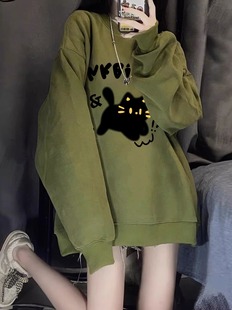 绿色卫衣女显白港风chic复古圆领加绒上衣冬ins潮大码 设计感外套