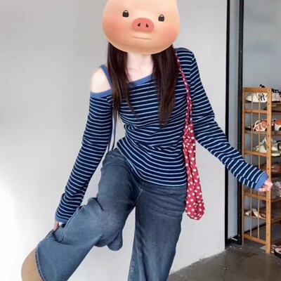 露肩条纹韩系漂亮小上衣早秋女潮