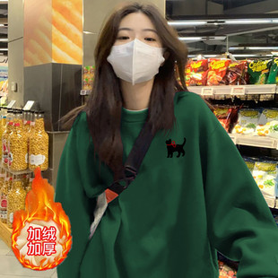 胖mm大码加绒圆领绿色卫衣无帽多巴胺独特漂亮超火小众不撞款外套