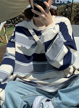 日系古着vintage卫衣女原宿bf风条纹薄款长袖上衣ins潮2020年秋款