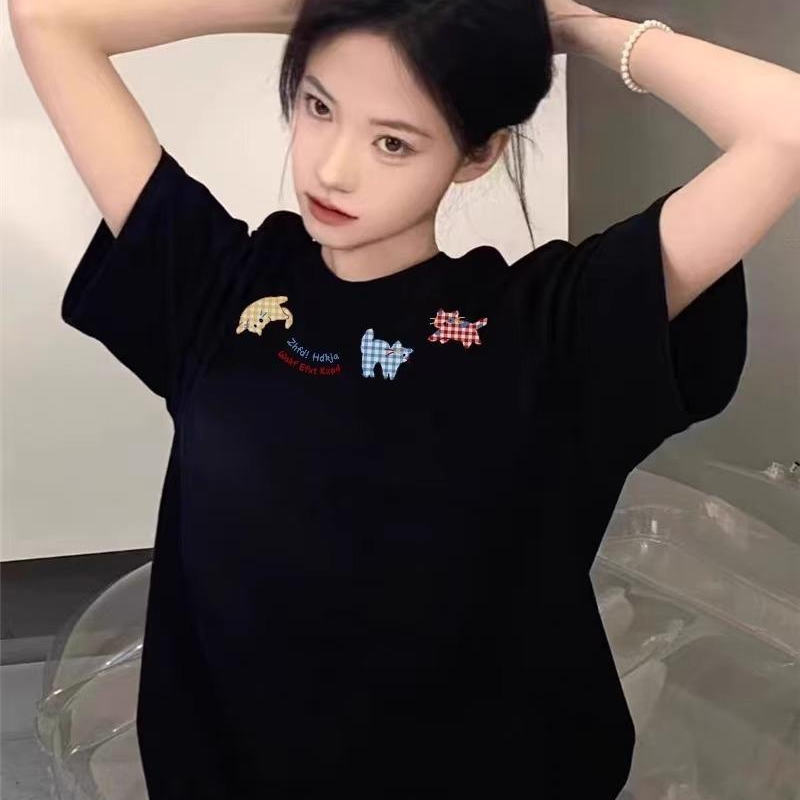 大码黑色美式复古短袖t恤女