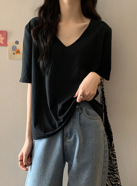 cec超火v领t恤女夏宽松纯棉正肩大码短袖黑色高级感ins潮小众上衣