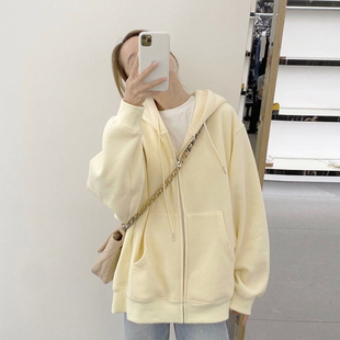 慵懒风纯色连帽开衫 韩版 ins潮百搭卫衣女 薄款 hiphop高街外套大码