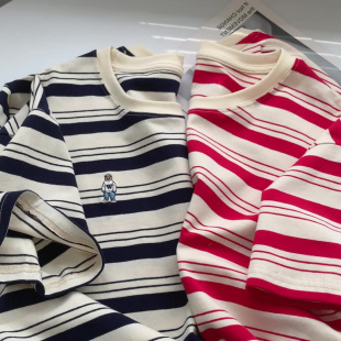 大码 纯棉休闲复古上衣夏 小熊刺绣条纹t恤女ins潮韩系chic宽松短袖