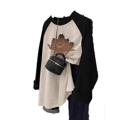 长袖高级感撞色插肩袖t恤上衣