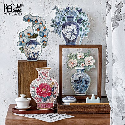 繁花瓷梦系列防水PET白墨模切拼图贴纸 国风瓷器花瓶拼图造景贴画