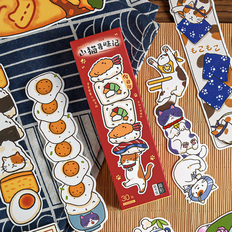 山猫寻味记系列异形盒装书签30张入 日式和风学生阅读标注书页夹