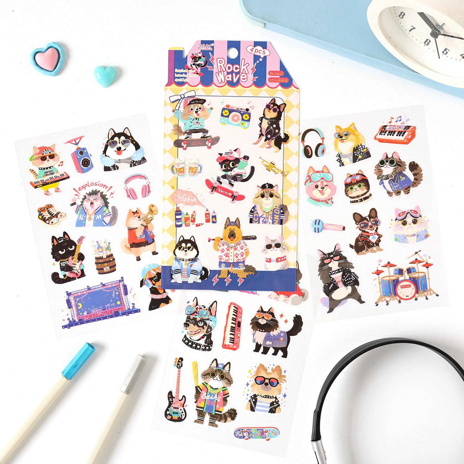 萌物小日常系列防水平张贴纸4张入可爱卡通手账咕卡diy咕卡手机壳